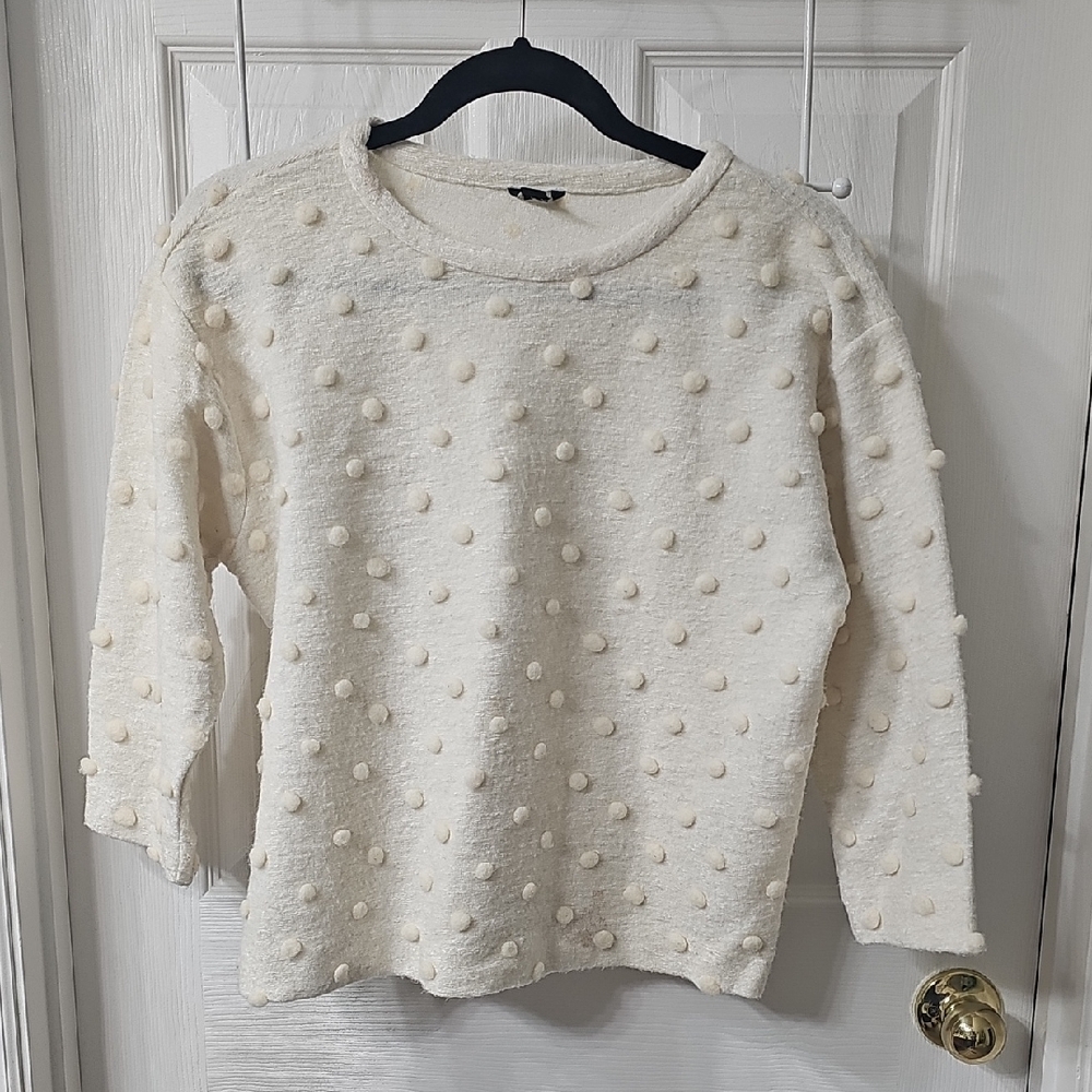 Cream Textured Sweater with Pom Pom Details